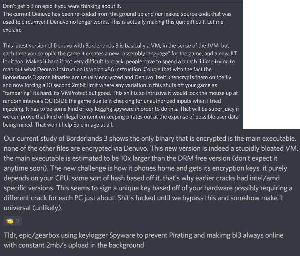 A screenshots of Discord posts that purport to explain how it uses a new form of Denuvo that is "basically a VM, in the sense of the JVM" and that "each time you compile the game it creates a new assembly language for the game, and a new JIT for it too".